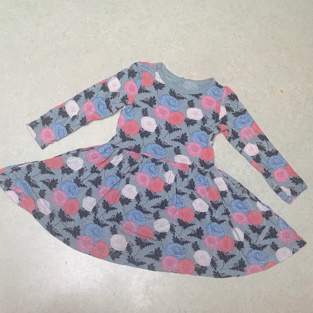 KicKee Pants 2T LS Swing Dress in Baby Rose Holiday Floral - EUC